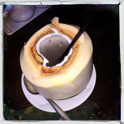 coconut water served in its own husk (note 1/4 inch of spoon scrape-able suck-thru-a-straw #foodiePorn on the inner walls) at lemongrass at the aria, las vegas.