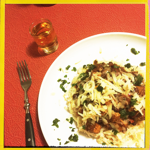 over brown rice, topped with maple smoked cheddar and fresh cilantro. paired with herrdura añejo tequila.